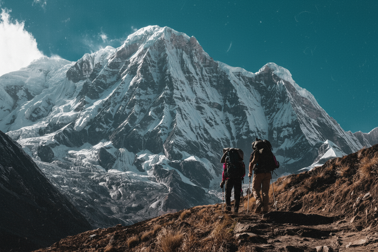 Two trekkers looking towards a snow-covered Himalayan mountain in Nepal